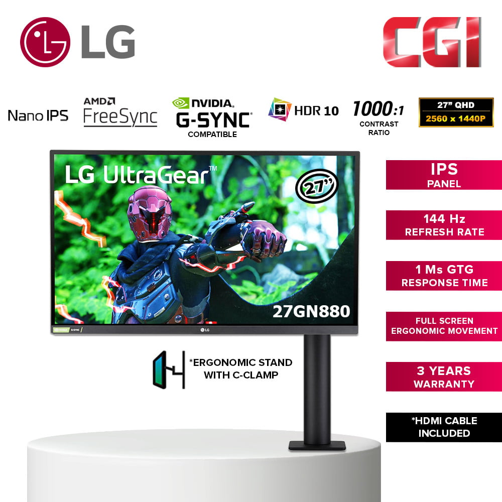 LG 27" 27GN880 Nano IPS 1ms 144Hz QHD HDR10 AMD GSync Nvidia GSync Ergonomic Ultragear Gaming Monitor