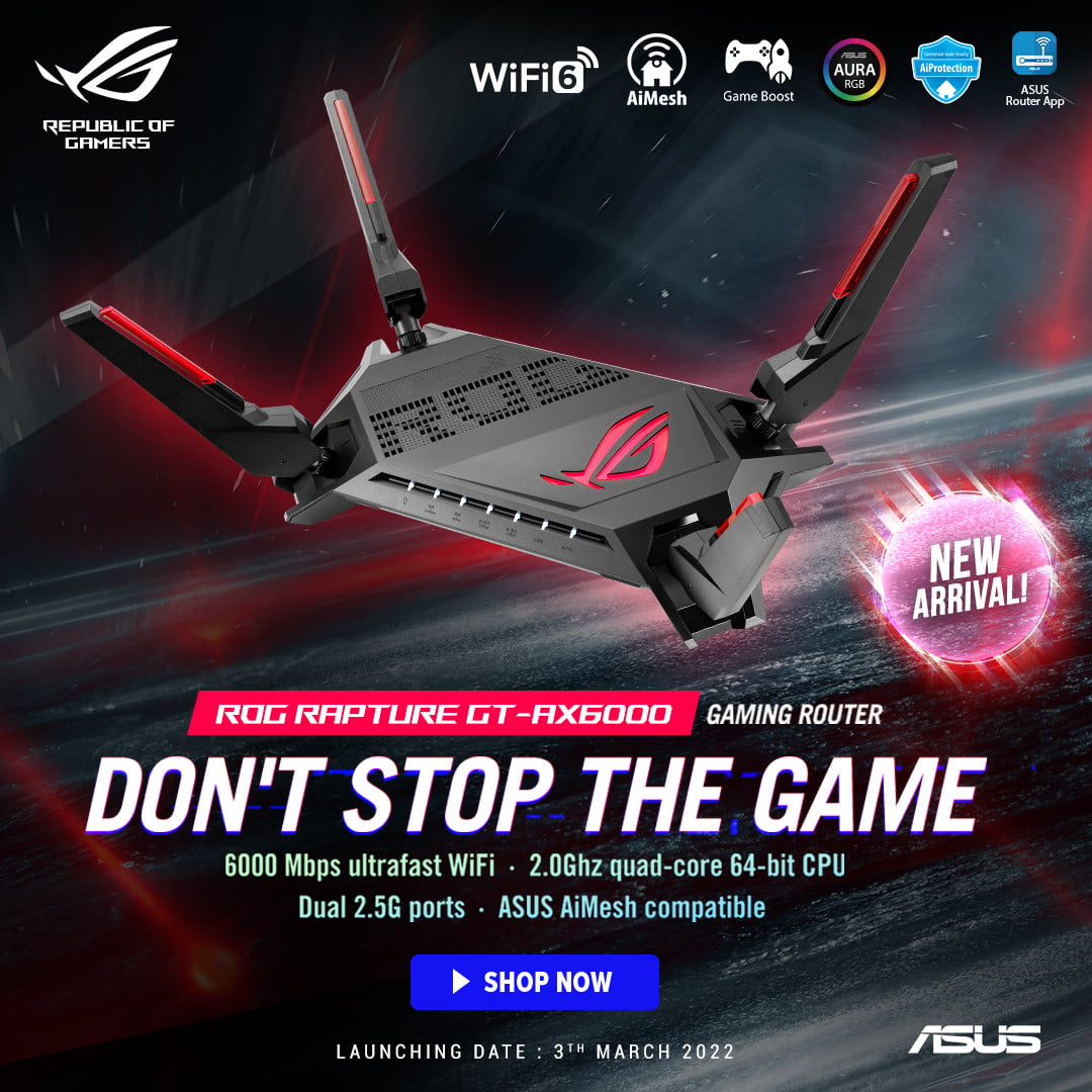 Asus ROG Rapture GT-AX6000 Dual Band WiFi 6 2.5 Ports 2.0 GHz Quad Core CPU AiProtection Pro Gaming Router