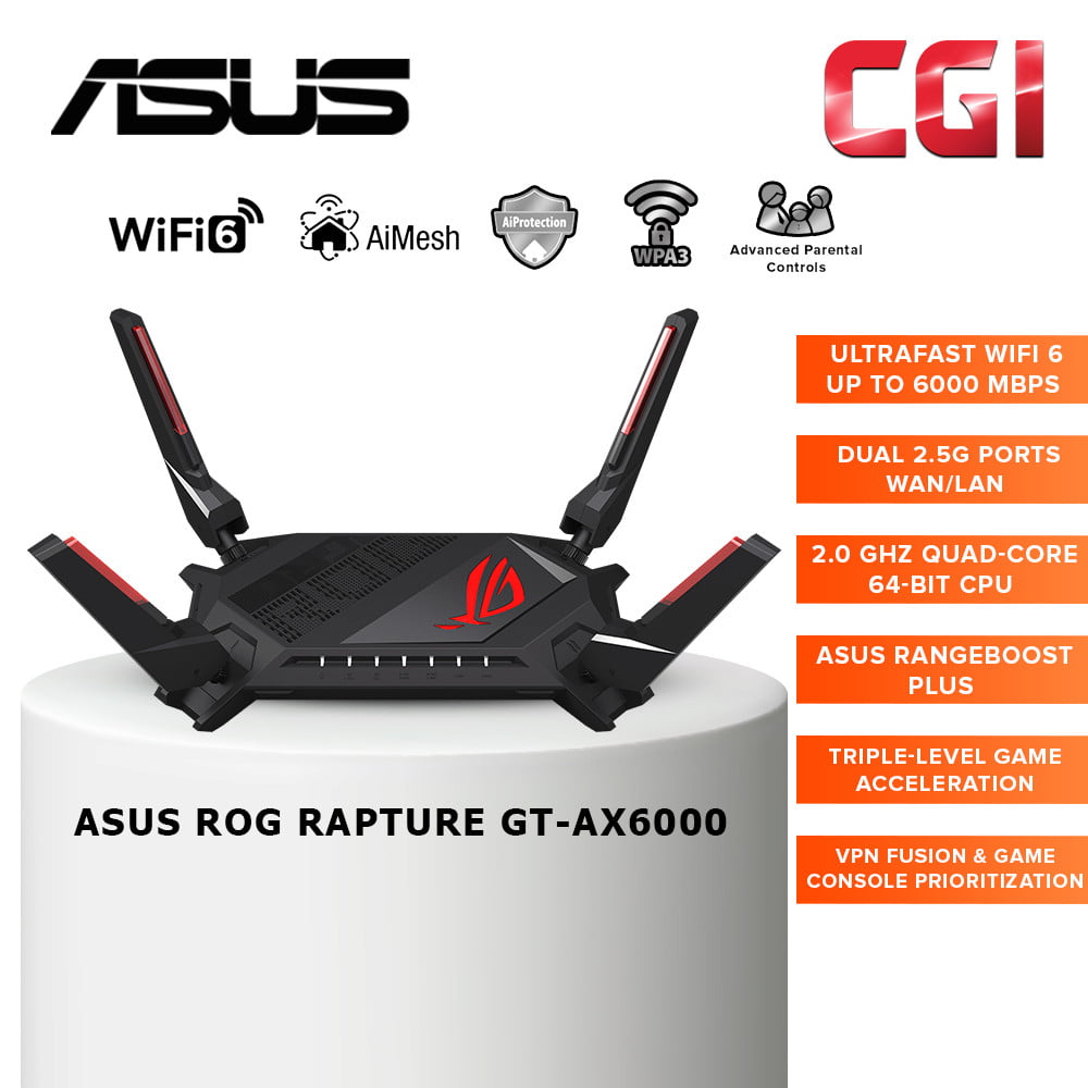 Asus ROG Rapture GT-AX6000 Dual Band WiFi 6 2.5 Ports 2.0 GHz Quad Core CPU AiProtection Pro Gaming Router