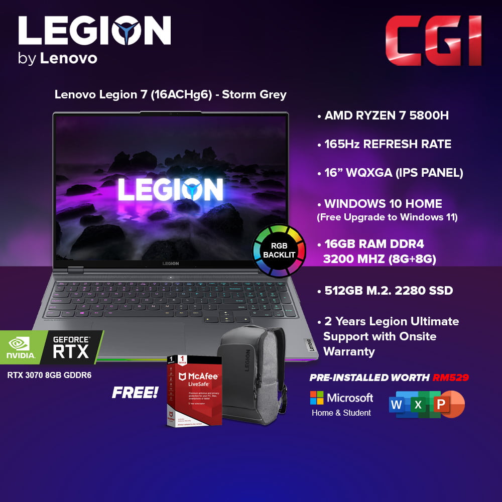 Lenovo Legion 7 16ACHg6 82N6TO1WW |R7 5800H 4.4GHz|8GB+8GB|512GB SSD|165Hz|RTX 3070 Win10Home Office H&S2019