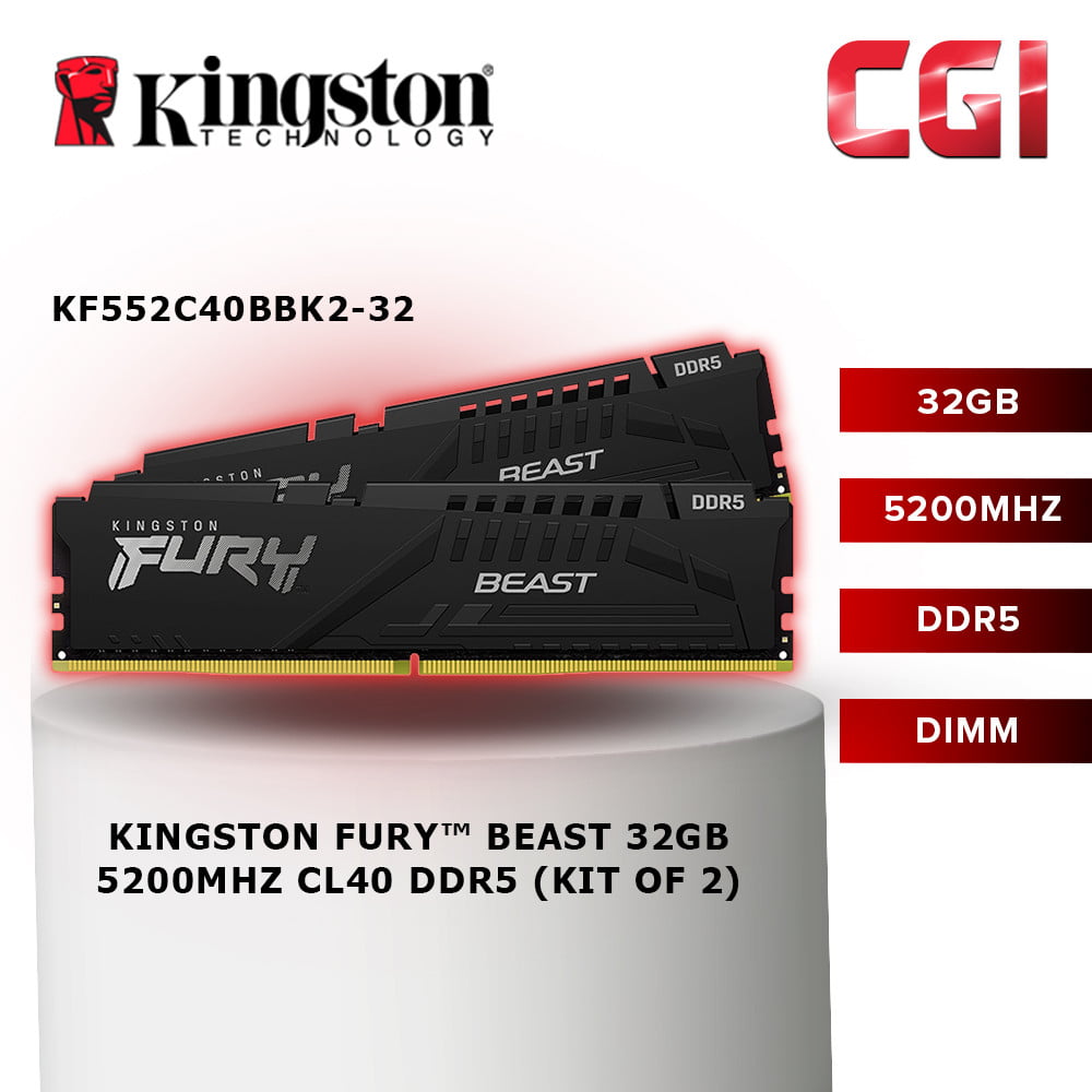 Kingston Fury Beast 32GB 5200MHz DDR5 CL40 288-Pin DIMM (Kit of 2) - KF552C40BBK2-32