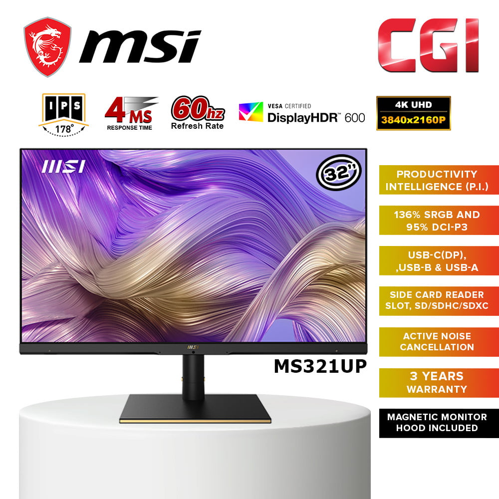 MSI 32" Summit MS321UP UHD IPS 60Hz 4ms 400nits DisplayHDR600 PIP PBP ANC USB C Business & Productivity Monitor