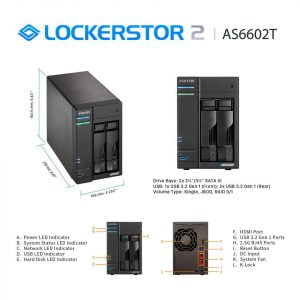 Asus Lockerstor 2 AS6602T 2 Bay NAS Quad Core 2.0GHz Two 2.5GbE Ports Dual M.2 NVMe SSD Ports 4GB DDR4 Network Attached Storage