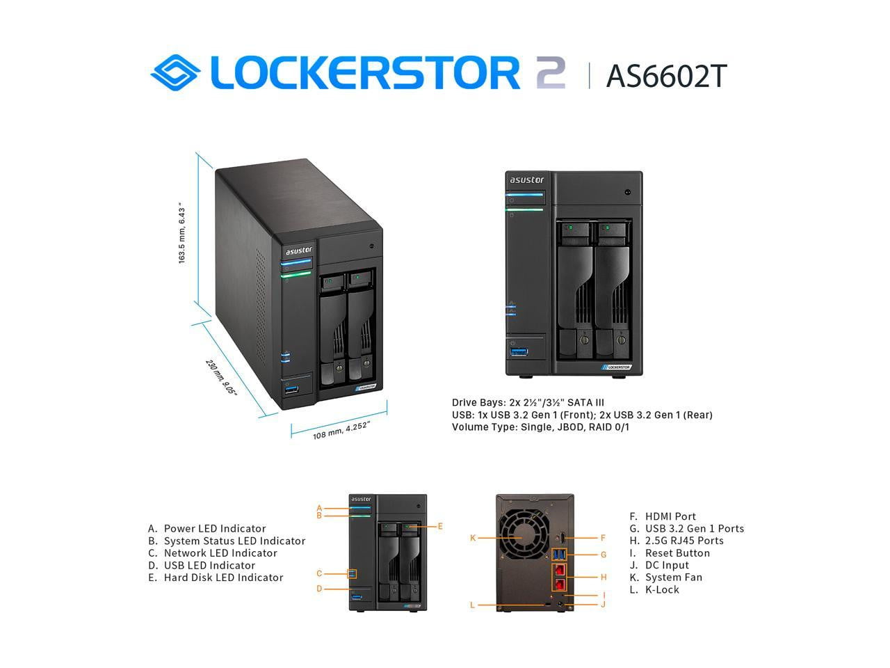 Asus Lockerstor 2 AS6602T 2 Bay NAS Quad Core 2.0GHz Two 2.5GbE Ports Dual M.2 NVMe SSD Ports 4GB DDR4 Network Attached Storage