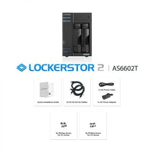 Asus Lockerstor 2 AS6602T 2 Bay NAS Quad Core 2.0GHz Two 2.5GbE Ports Dual M.2 NVMe SSD Ports 4GB DDR4 Network Attached Storage