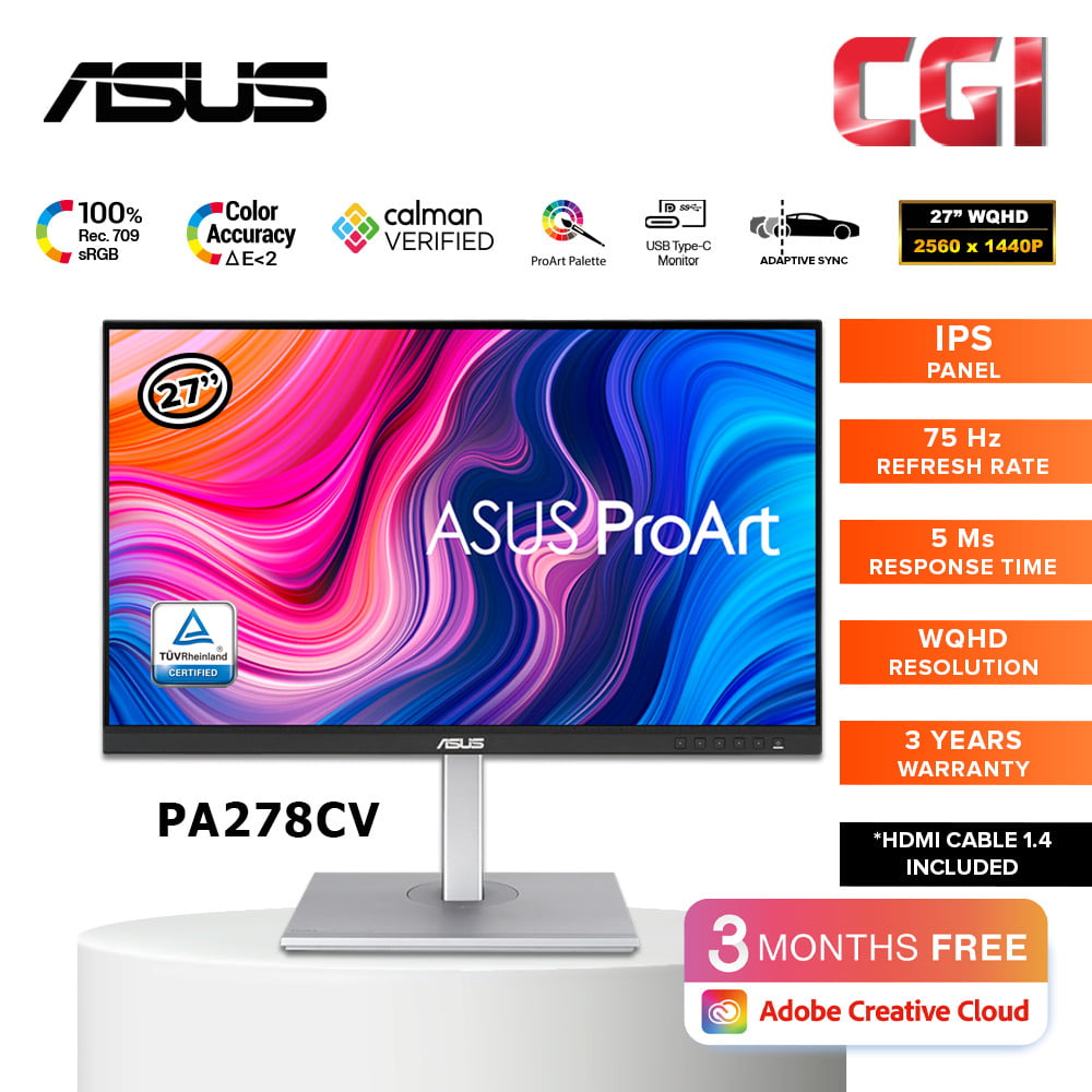 Asus ProArt Display 27" PA278CV WQHD IPS 70Hz Adaptive Sync 100% Adobe RGB&REC.709 Color Accuracy ?E< 2 USB-C Display Port Daisy Chain Ergonomic Monitor