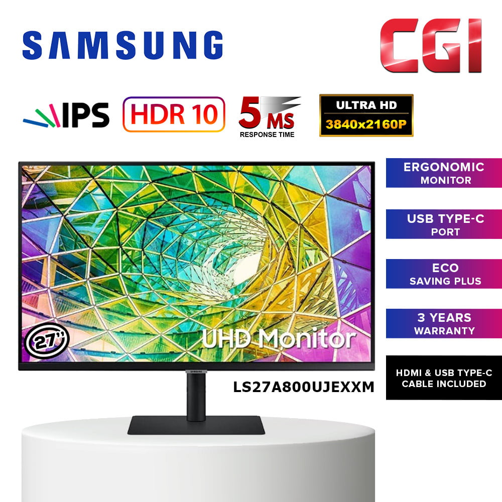 Samsung 27" 4K UHD HDR10 IPS Type C Ergonomic Monitor-LS27A800UJEXXM