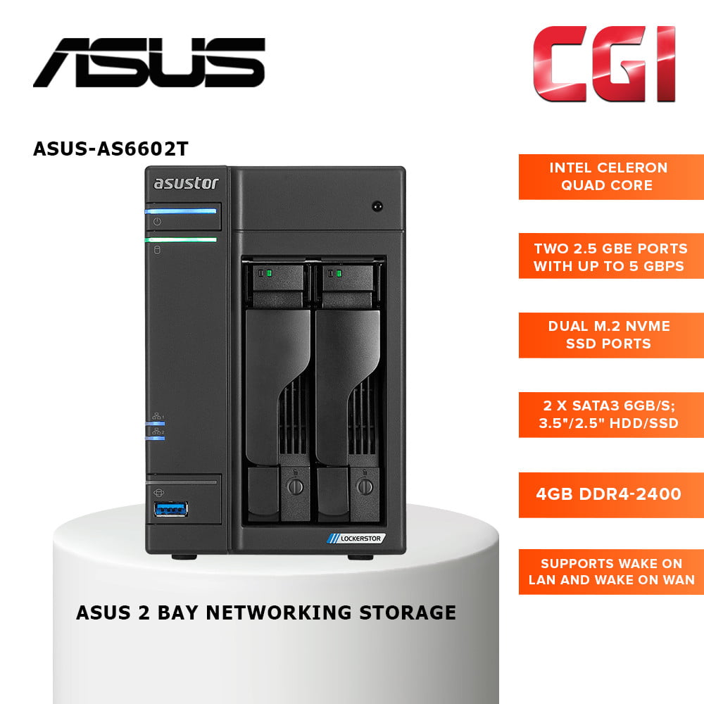 Asus Lockerstor 2 AS6602T 2 Bay NAS Quad Core 2.0GHz Two 2.5GbE Ports Dual M.2 NVMe SSD Ports 4GB DDR4 Network Attached Storage