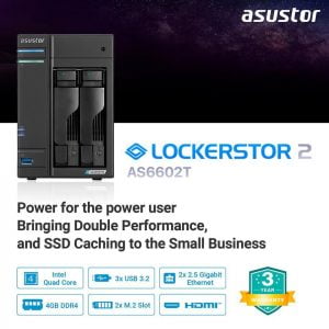Asus Lockerstor 2 AS6602T 2 Bay NAS Quad Core 2.0GHz Two 2.5GbE Ports Dual M.2 NVMe SSD Ports 4GB DDR4 Network Attached Storage