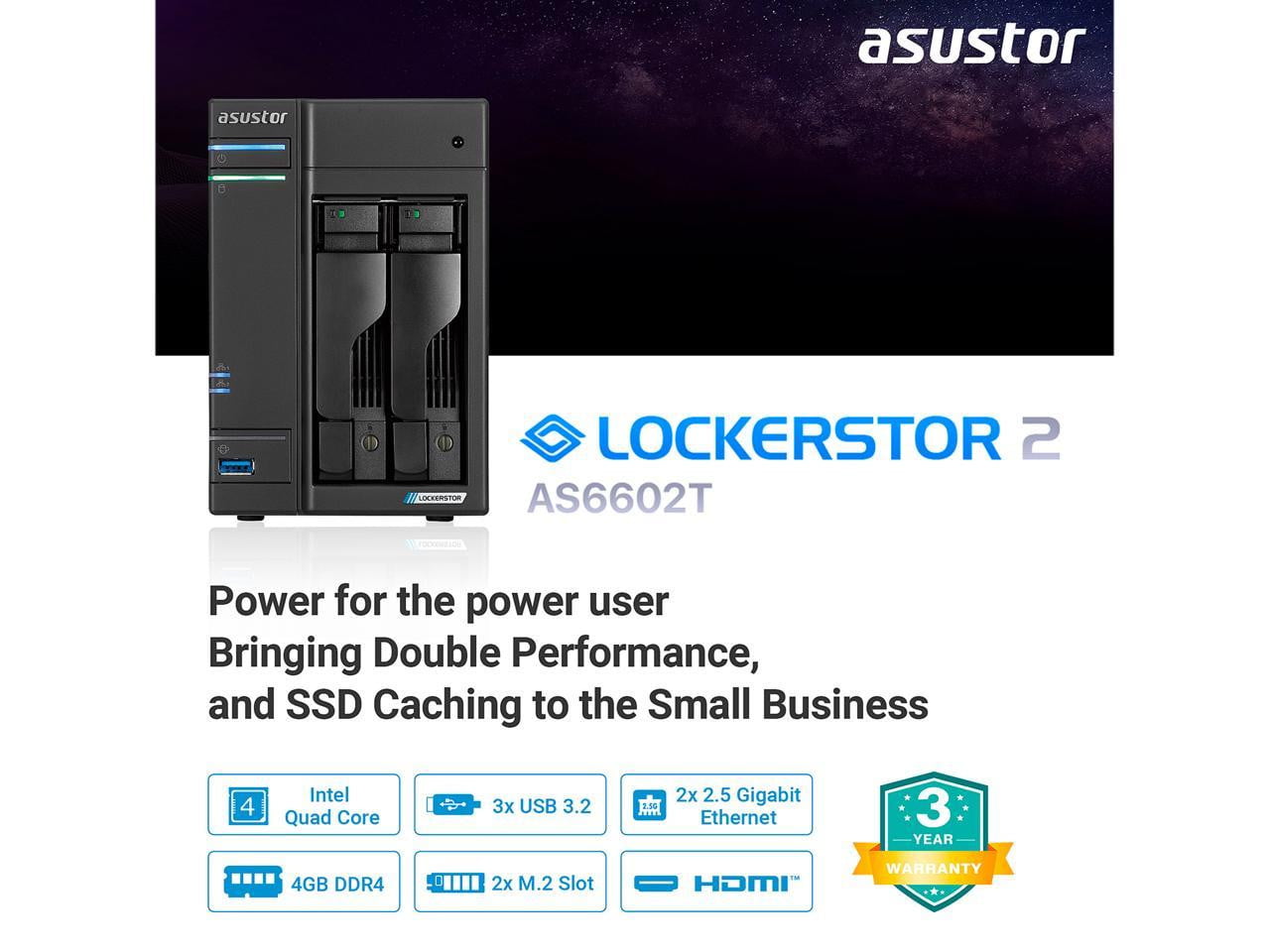 Asus Lockerstor 2 AS6602T 2 Bay NAS Quad Core 2.0GHz Two 2.5GbE Ports Dual M.2 NVMe SSD Ports 4GB DDR4 Network Attached Storage