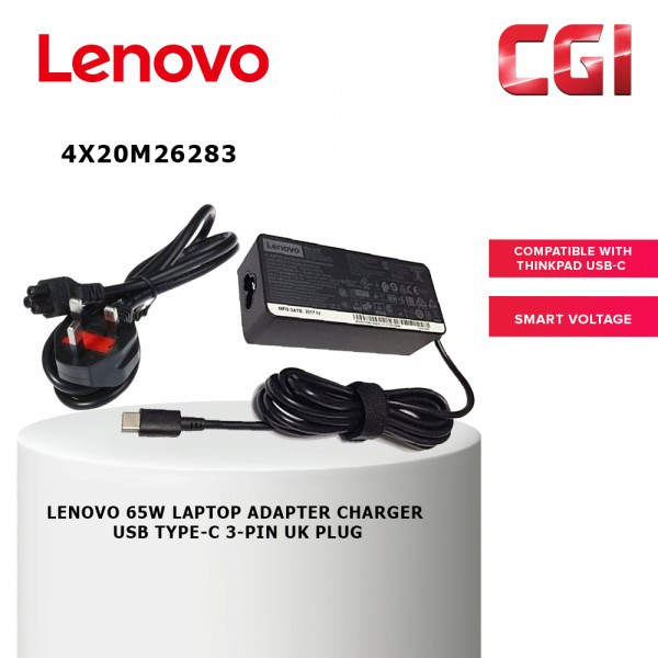 Lenovo 65W Laptop Adapter Charger USB Type-C 3-PIN UK PLUG (4X20M26283)