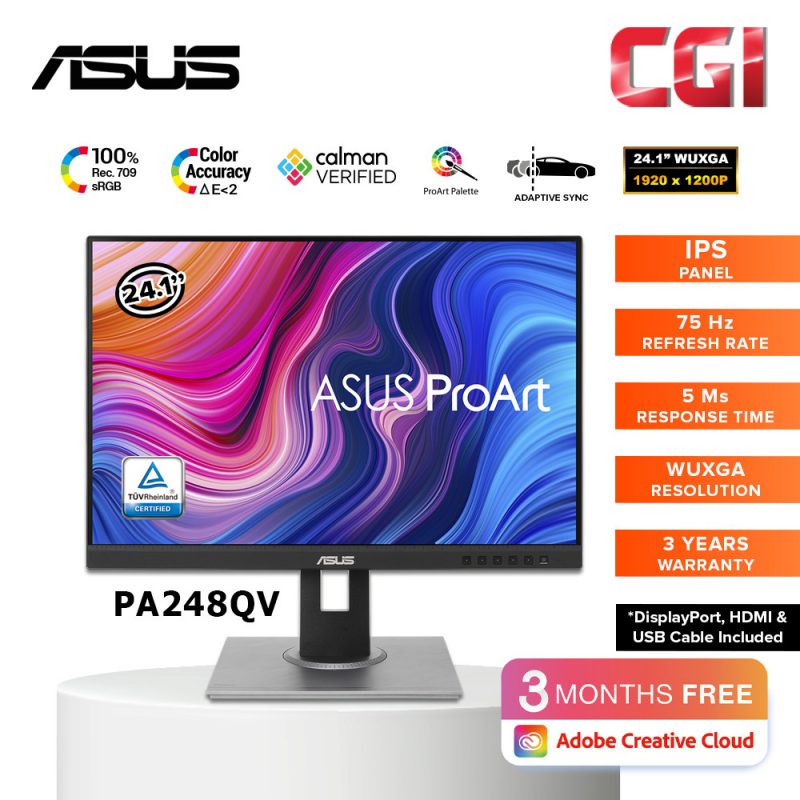 Asus ProArt Display 24.1" PA248QV WUXGA IPS 75Hz Adaptive Sync 100% SRGB Calman Verified Professional Monitor