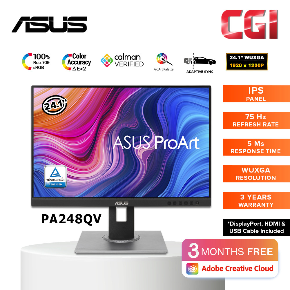 Asus ProArt Display 24.1" PA248QV WUXGA IPS 75Hz Adaptive Sync 100% SRGB Calman Verified Professional Monitor