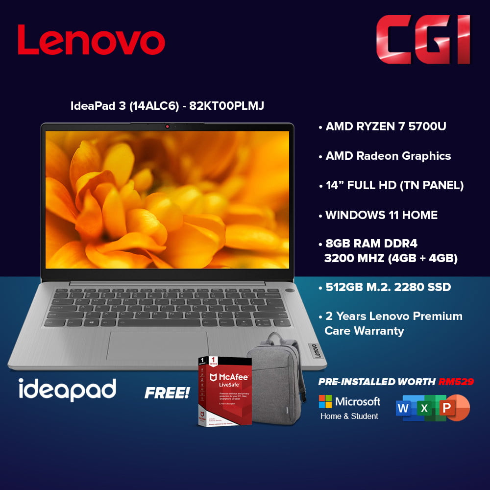 Lenovo Ideapad 3 14ALC6 82KT00PLMJ Ryzen 7 5700U | 4G+4G | 512GB SSD | 14" FHD | W11H | MOHS | 2Y Premium Care Laptop