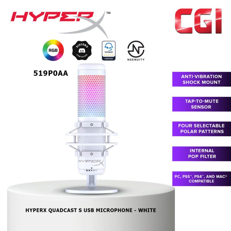 HyperX Quadcast S White RGB Lighting USB Gaming & Streaming Microphone for PC,PS4,Mac - 519P0AA