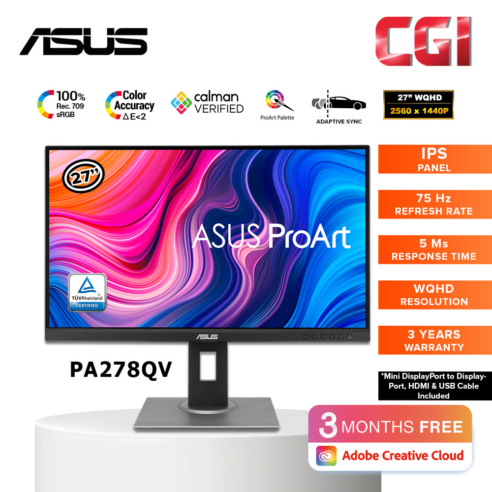 Asus ProArt Display 27" PA278QV WQHD IPS 75Hz Adaptive Sync 100% SRGB Calman Verified Professional Monitor