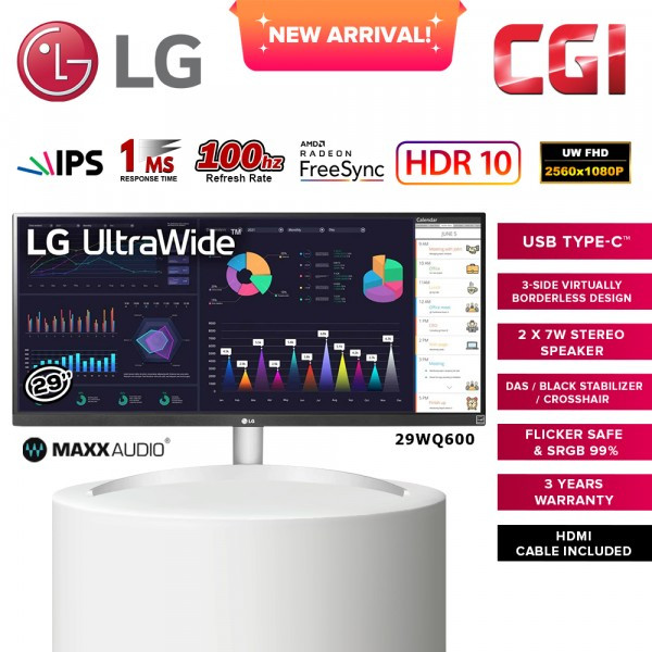 LG 29" 29WQ600 IPS FHD AMD Freesync HDR10 100Hz 1ms USB-C Borderless Ultrawide Monitor