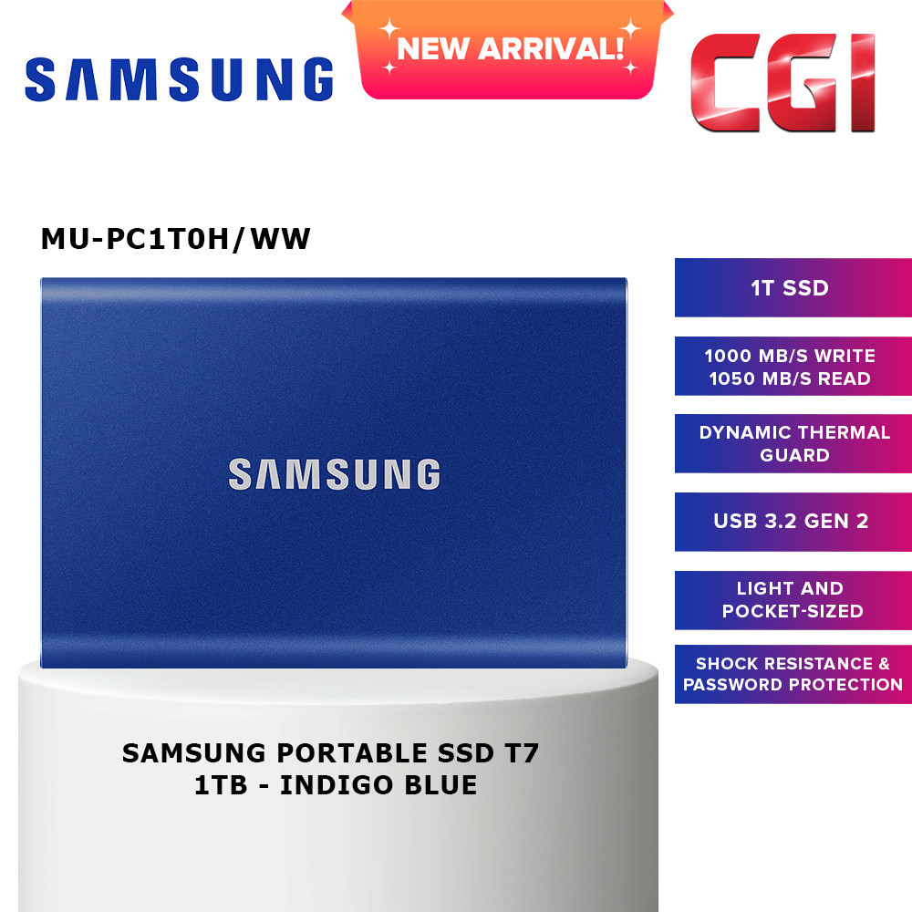 Samsung T7 1TB 1,050MB/s USB 3.2 Type-C Portable SSD (Blue) - MU-PC1T0H/WW