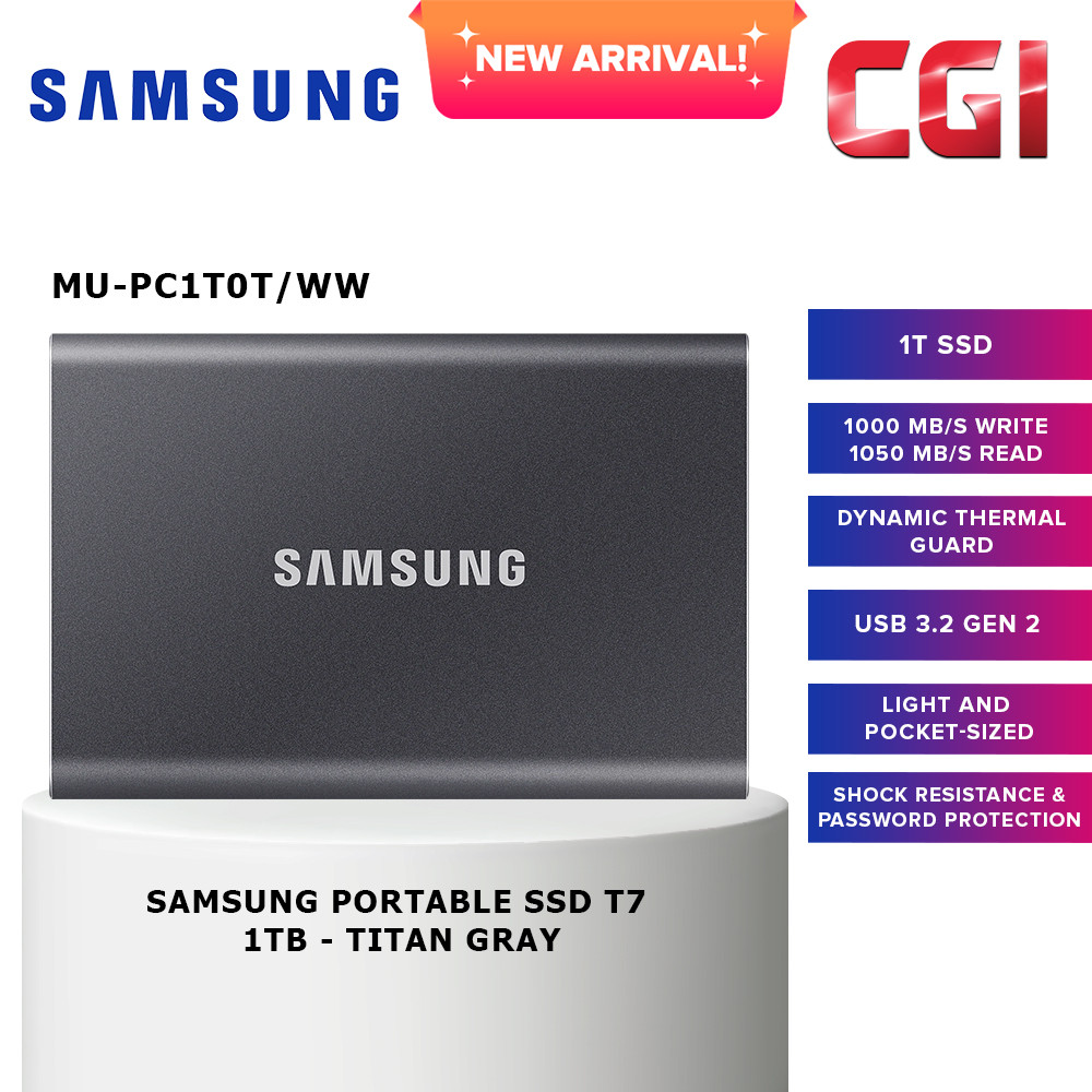 Samsung T7 1TB 1,050MB/s USB 3.2 Type-C Portable SSD (Grey) - MU-PC1T0T/WW