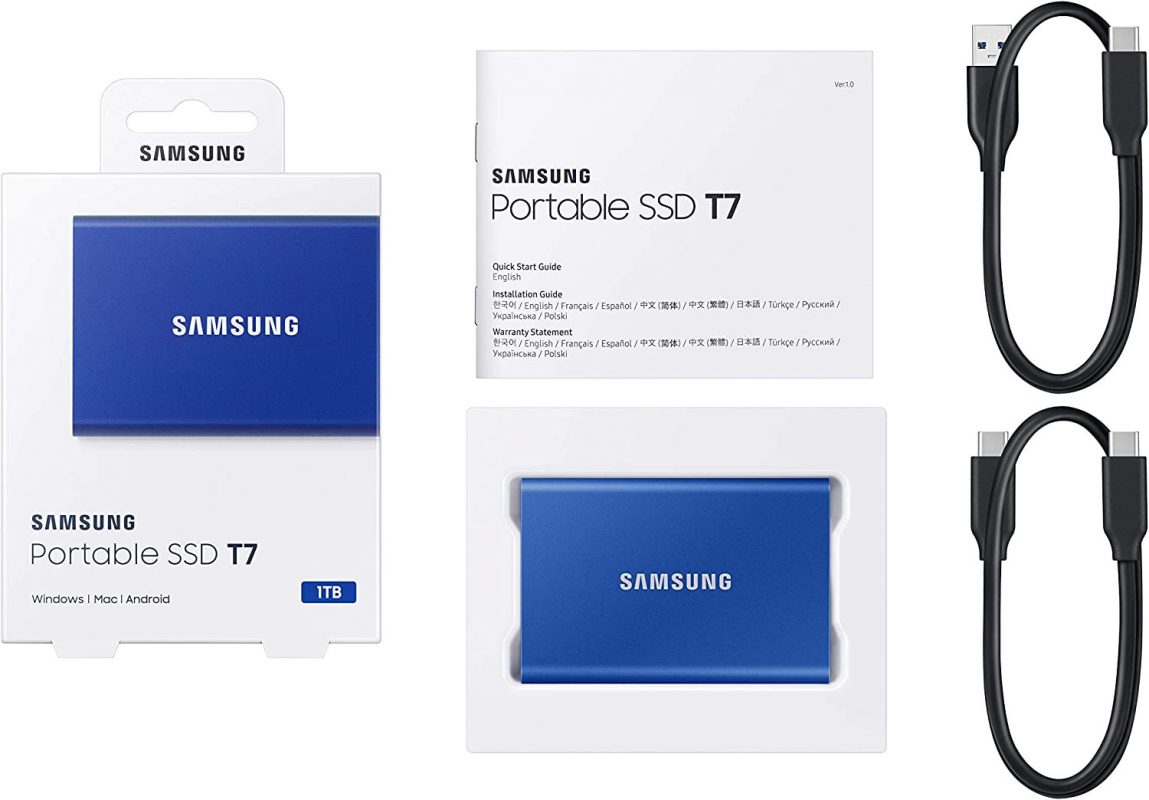 Samsung T7 1TB 1,050MB/s USB 3.2 Type-C Portable SSD (Blue) - MU-PC1T0H/WW