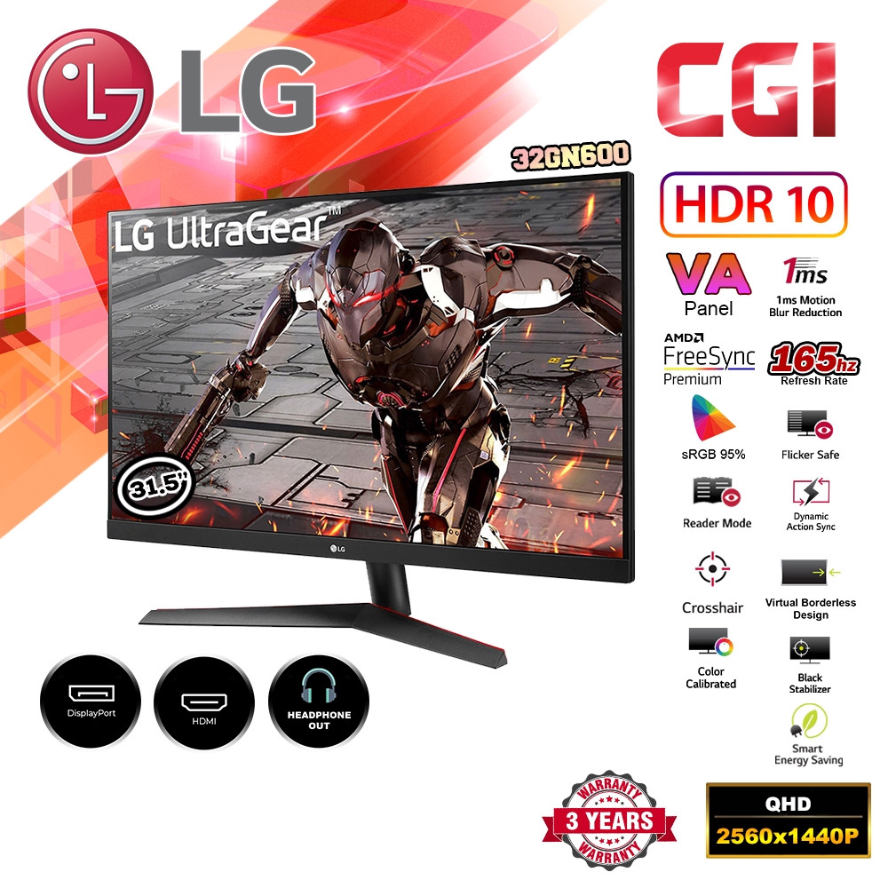 LG 32" 32GN600 QHD VA 165Hz 1ms AMD FreeSync Premium GSync Compatible UltraGear Gaming Monitor
