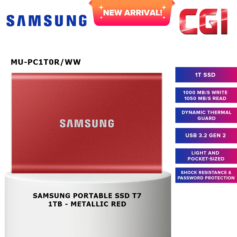 Samsung T7 1TB 1,050MB/s USB 3.2 Type-C Portable SSD (Red) - MU-PC1T0R/WW