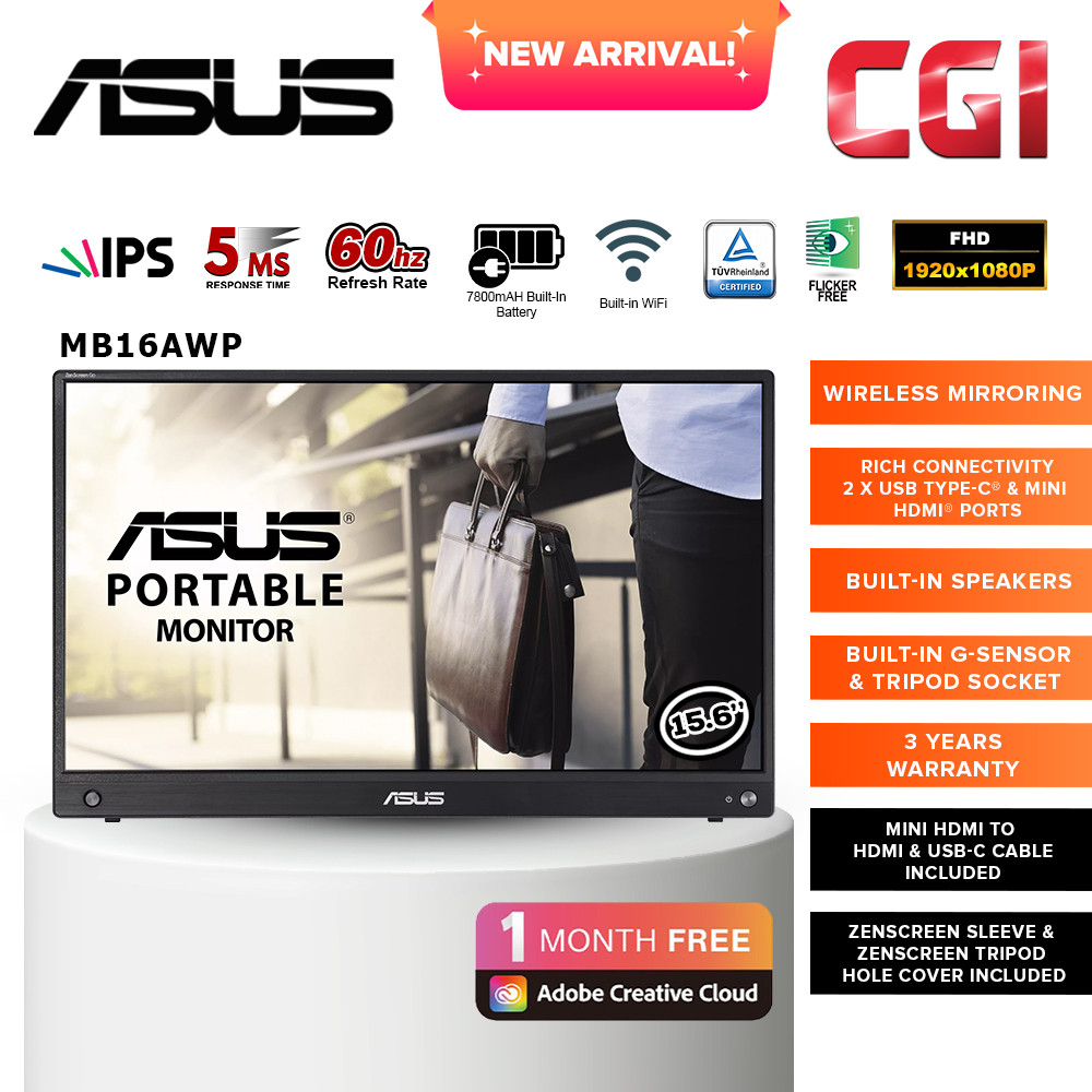 Asus 15.6" Zenscreen Go MB16AWP FHD Speaker Build-in-G-Sensor Wireless Portable Monitor