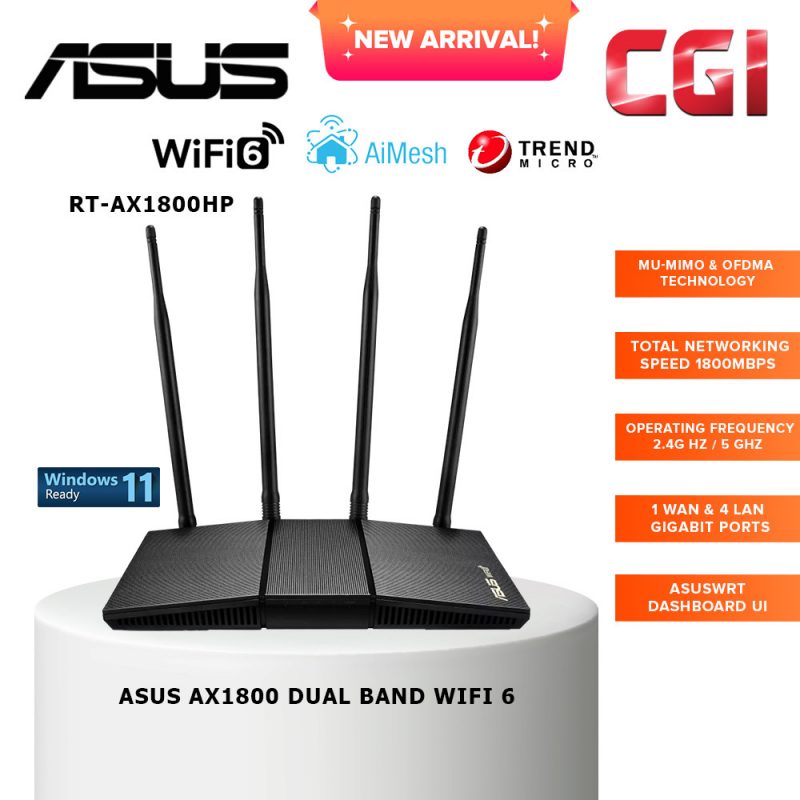 Asus RT-AX1800HP Dual Band WiFi6 AiProtection Classic MU-MIMO OFDMA Mesh System Compatible Router
