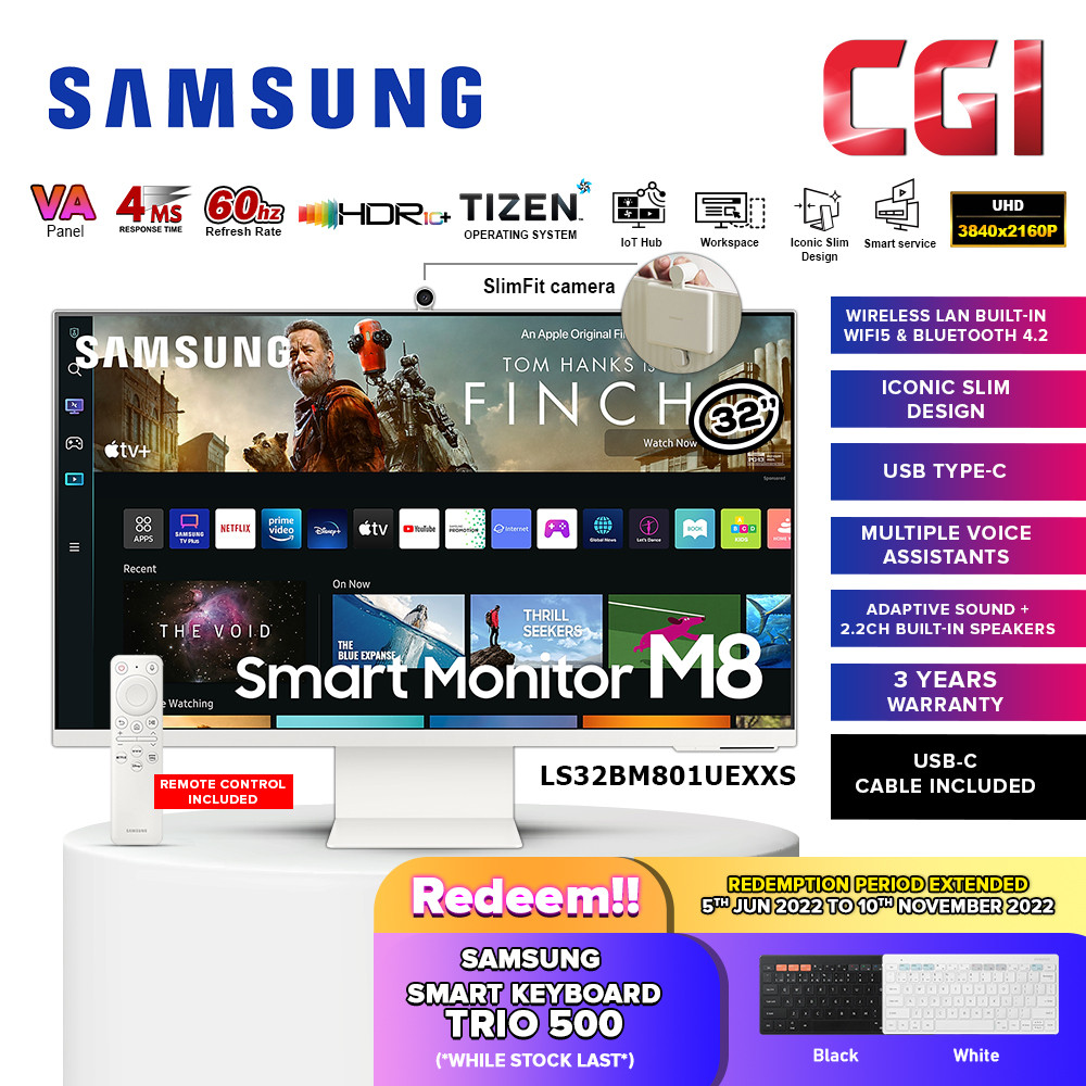 Samsung 32" LS32BM801UEXXS 4K 60Hz 4ms UHD HDR10+ Slim Fit Camera IoT Hub Airplay Type C Ultrawide M8 Smart Monitor