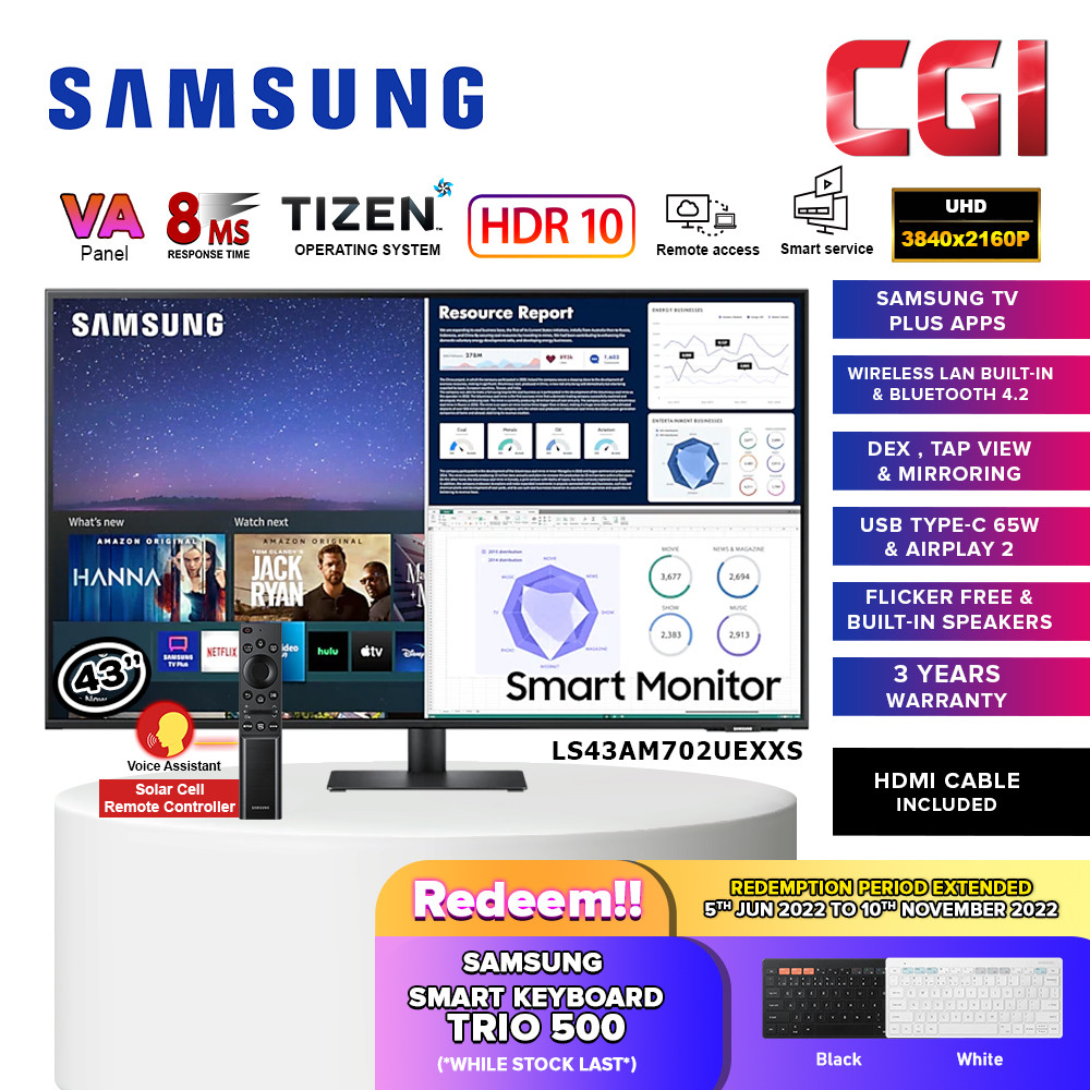 Samsung 43" M7 LS43AM702UEXXS VA UHD HDR10 8ms 60Hz Smart Monitor with Build In Speaker