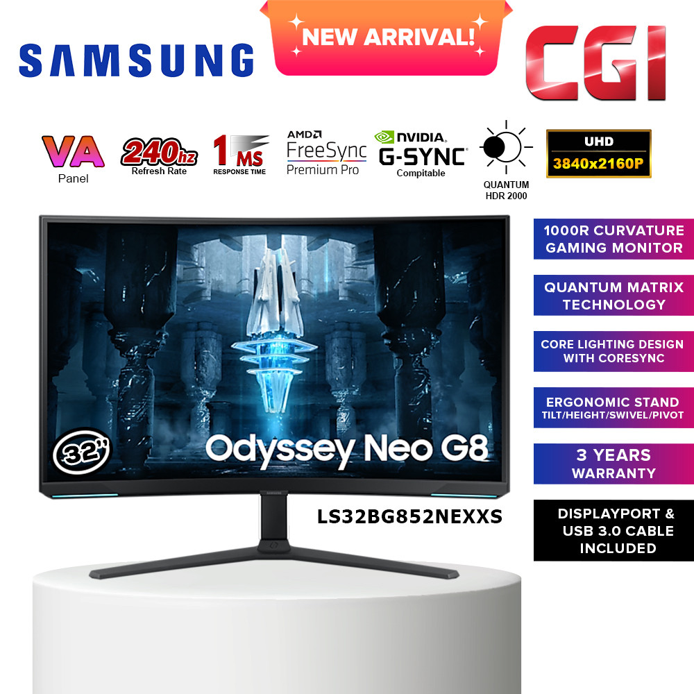 Samsung 32" Odyssey Neo G8 LS32BG852NEXXS 4K UHD 240Hz 1ms Freesync Premium Gsync Ultrawide Curve Gaming Monitor