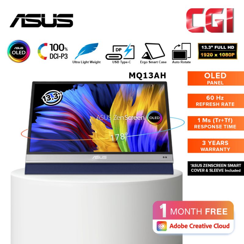 Asus 13.3" MQ13AH Zenscreen OLED FHD 1ms 60Hz HDR10 100% DCI-P3 Delta E<2 Proximity Sensor Type-C Portable Monitor