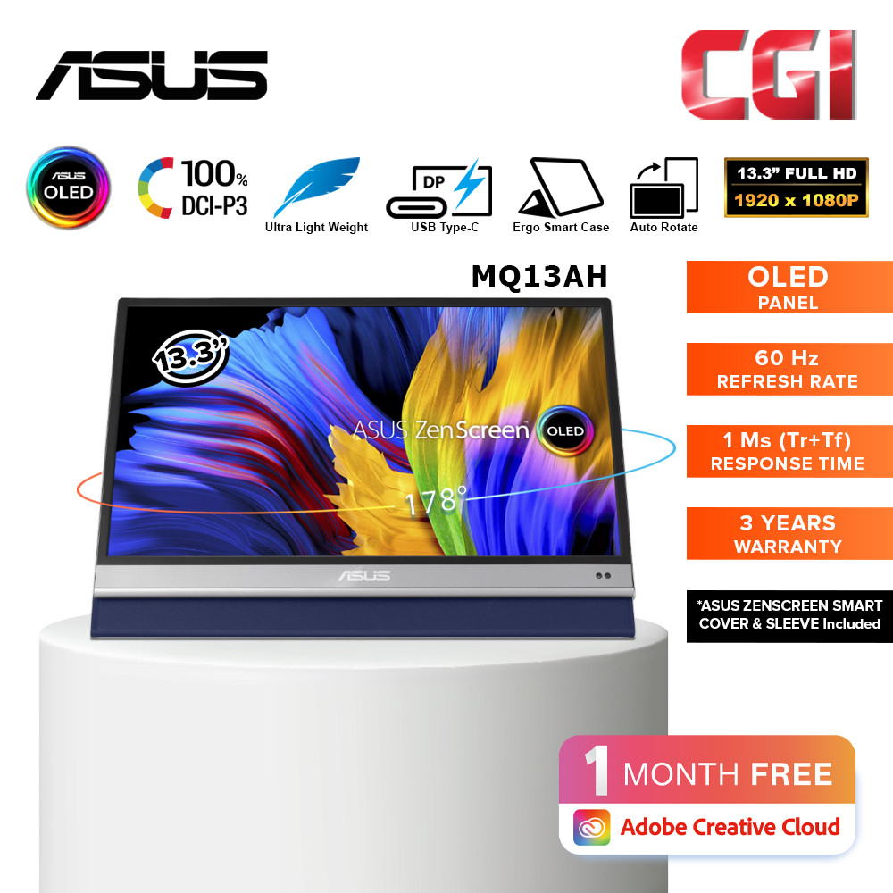 Asus 13.3" MQ13AH Zenscreen OLED FHD 1ms 60Hz HDR10 100% DCI-P3 Delta E<2 Proximity Sensor Type-C Portable Monitor
