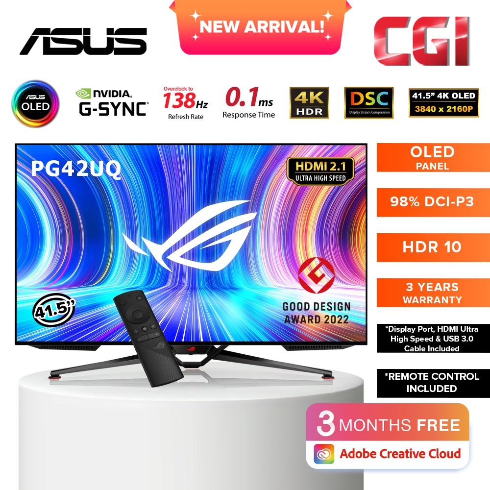 Asus 41.5" PG42UQ ROG Swift OLED 4K HDR 138Hz 0.1ms Nvidia GSync Custom Heatsink DP 1.4 DSC HDMI 2.1 Gaming Monitor