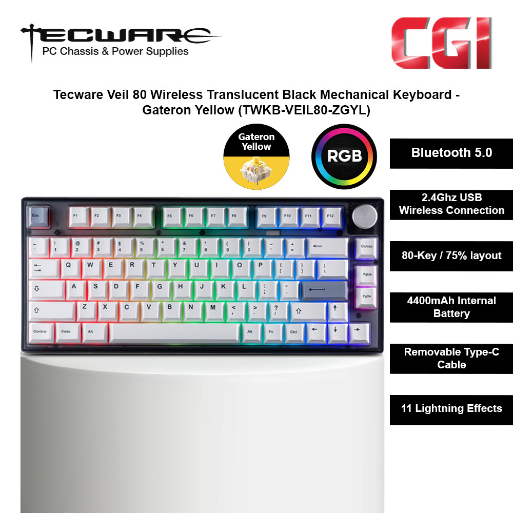 Tecware Veil 80 Wireless Translucent Black Mechanical Keyboard - Gateron Yellow (TWKB-VEIL80-ZGYL)