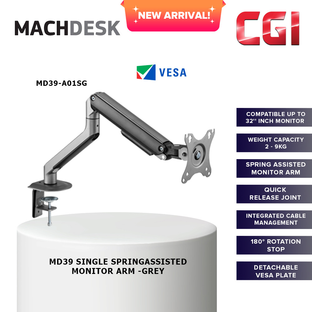 MachDesk MD39 Single Spring-Assisted Monitor Arm - Grey (MD39-A01SG)
