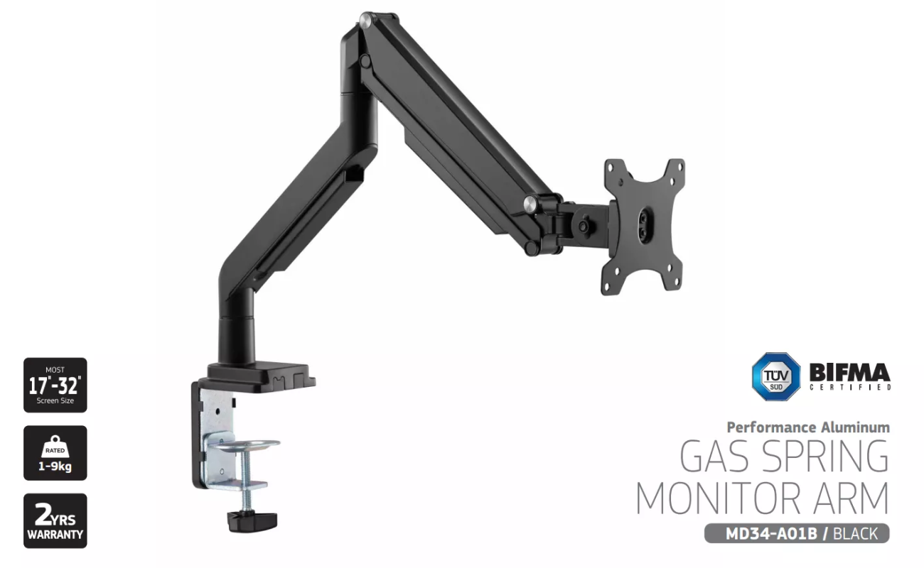 MachDesk MD34 Single Performance Gas Spring Monitor Arm - Black (MD34-A01B)