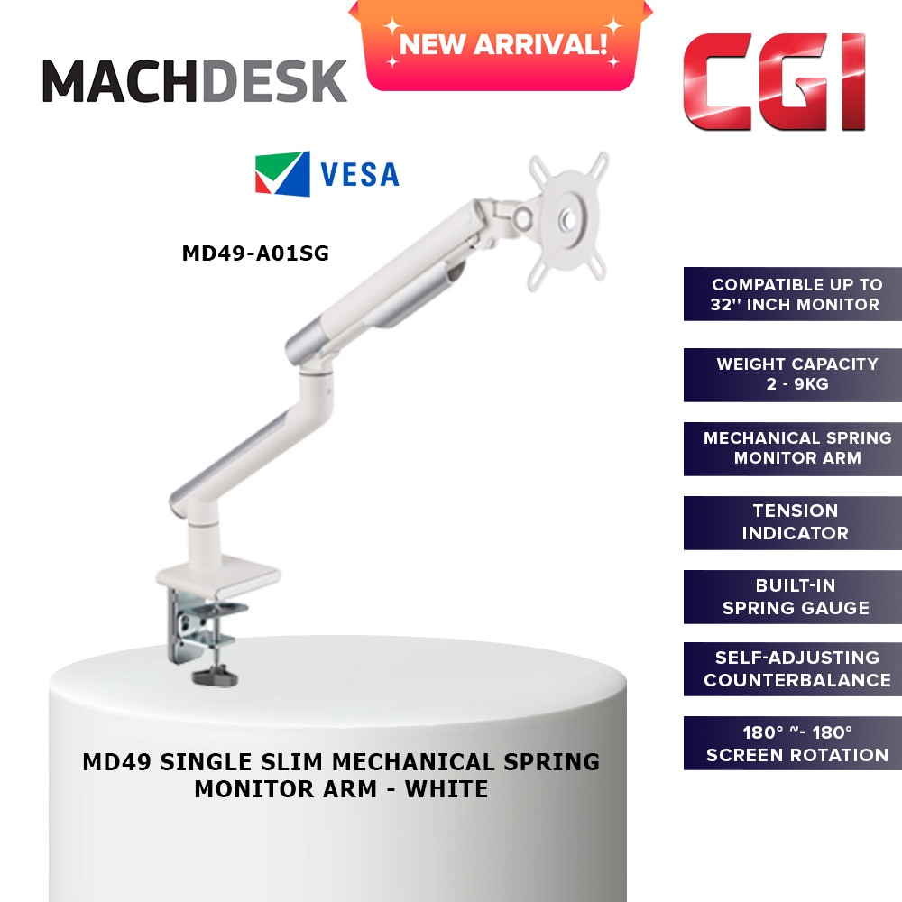 MachDesk MD49 Single Slim Mechanical Spring Monitor Arm - White (MD49-A01SN)