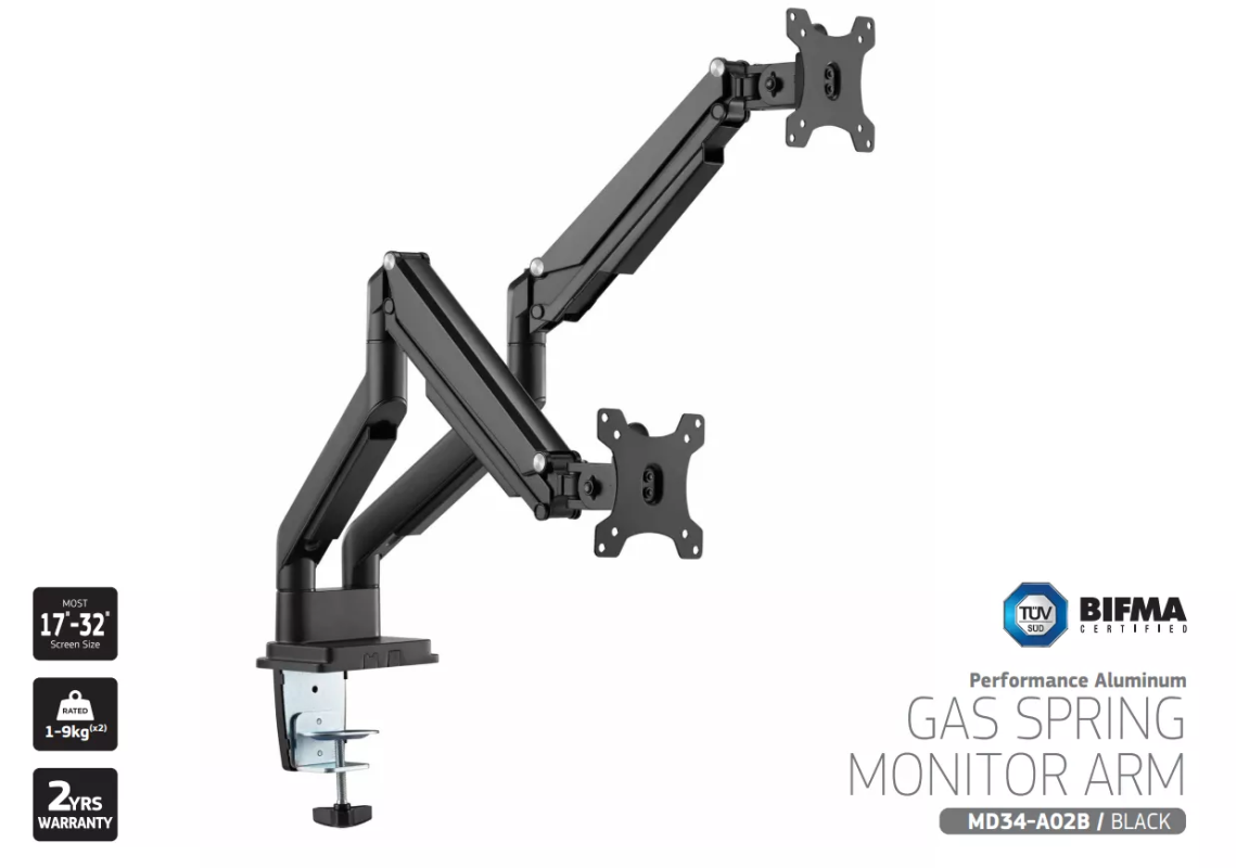 MachDesk MD34 Dual Performance Gas Spring Monitor Arm - Black (MD34-A02B)