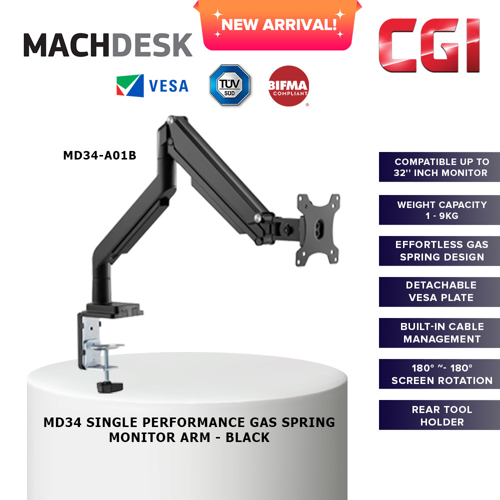 MachDesk MD34 Single Performance Gas Spring Monitor Arm - Black (MD34-A01B)