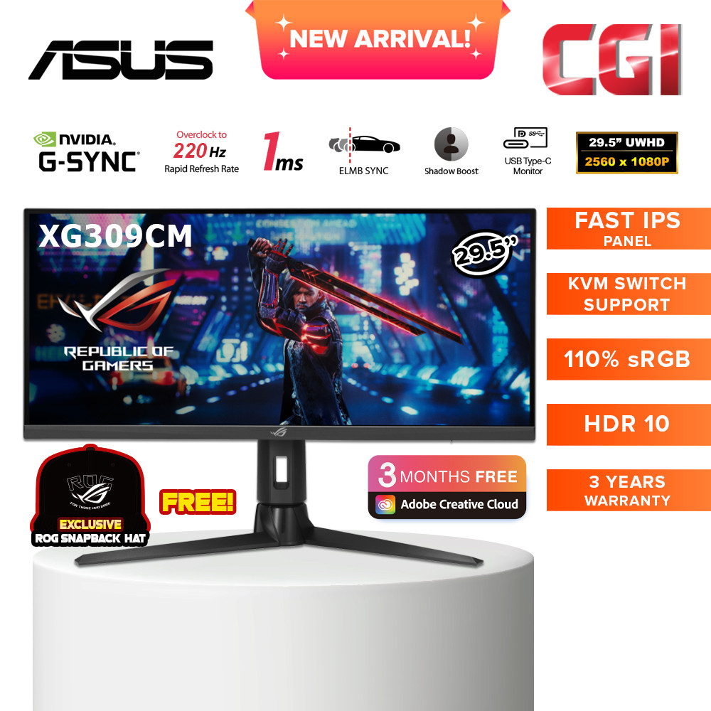 Asus 29.5" ROG Swift XG309CM Fast IPS HDR 220Hz 1ms GSync USB Type-C Tripod Socket Atop Aura Sync Gaming Monitor