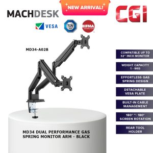 MachDesk MD34 Dual Performance Gas Spring Monitor Arm - Black (MD34-A02B)