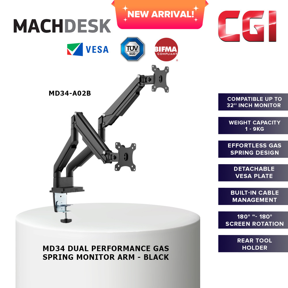 MachDesk MD34 Dual Performance Gas Spring Monitor Arm - Black (MD34-A02B)