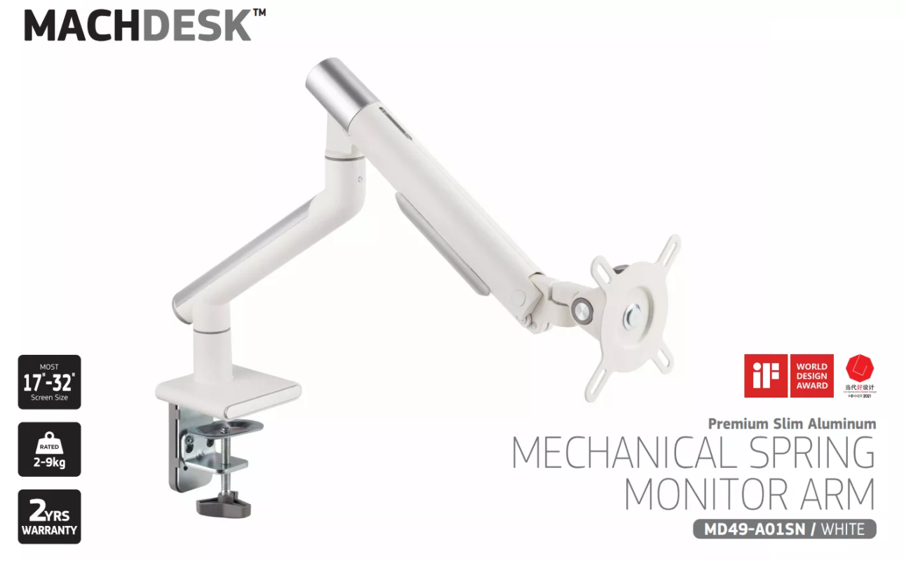 MachDesk MD49 Dual Slim Mechanical Spring Monitor Arm - White (MD49-A02SN)