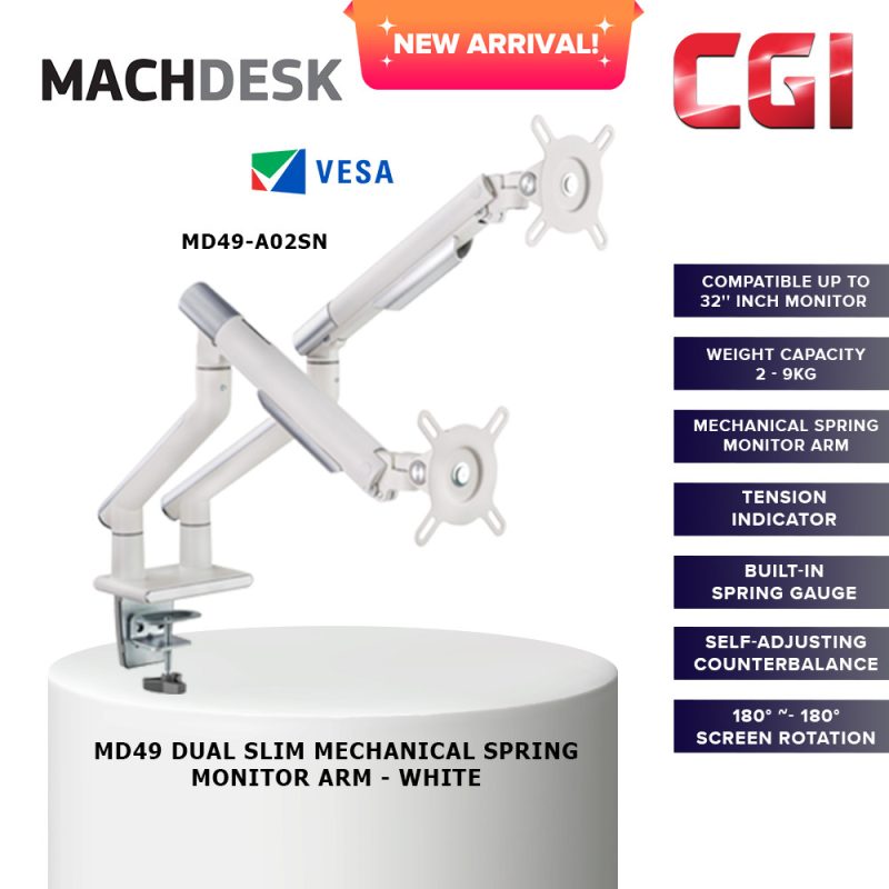 MachDesk MD49 Dual Slim Mechanical Spring Monitor Arm - White (MD49-A02SN)