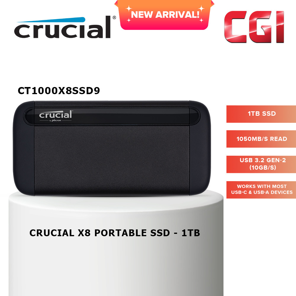 Crucial X8 1TB 1,050 MB/s USB 3.2 Gen-2 Portable SSD - CT1000X8SSD9