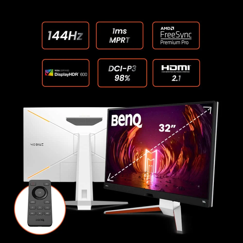 BenQ Mobiuz 32" EX3210U IPS 4KUHD HDRi 144Hz 1ms Freesync Premium Pro HDMI 2.1 Noise Cancellation Mic Gaming Monitor