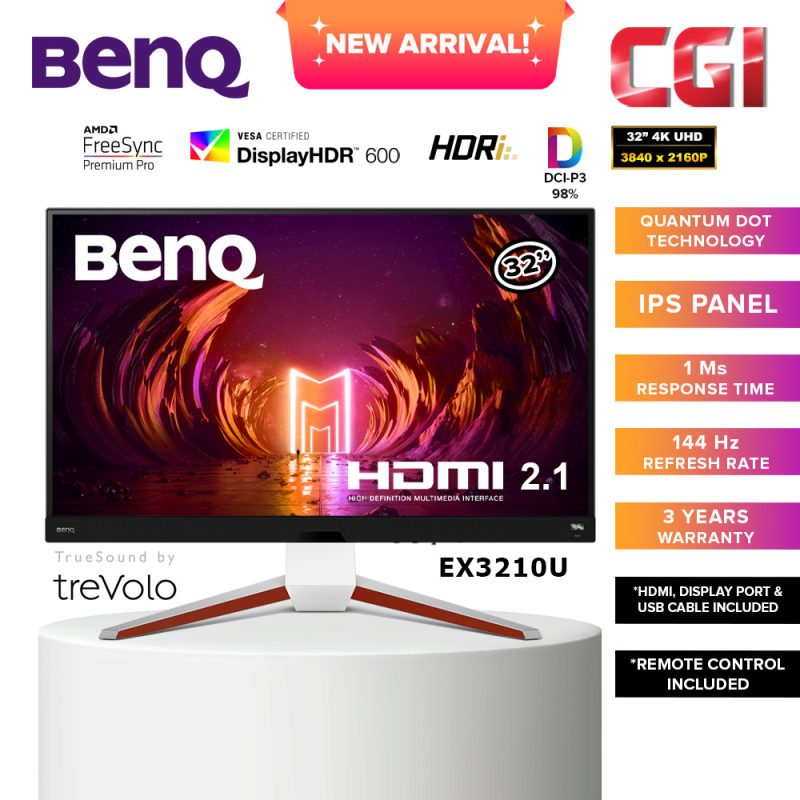 BenQ Mobiuz 32" EX3210U IPS 4KUHD HDRi 144Hz 1ms Freesync Premium Pro HDMI 2.1 Noise Cancellation Mic Gaming Monitor