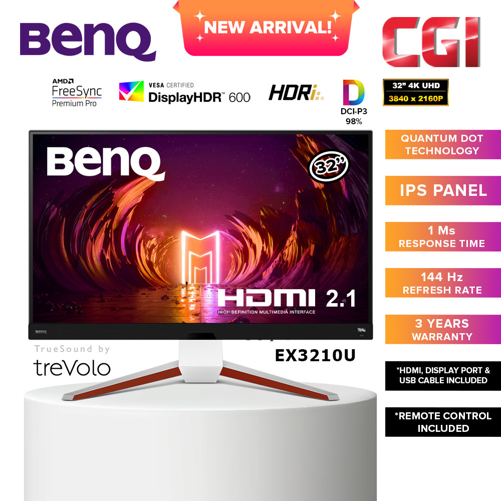 BenQ Mobiuz 32" EX3210U IPS 4KUHD HDRi 144Hz 1ms Freesync Premium Pro HDMI 2.1 Noise Cancellation Mic Gaming Monitor