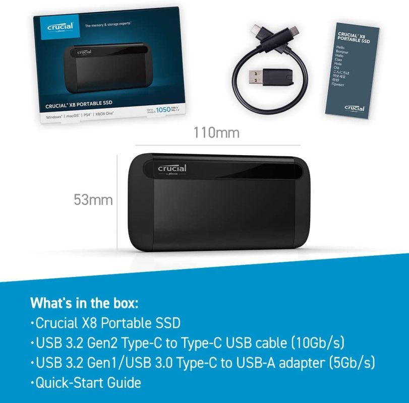 Crucial X8 1TB 1,050 MB/s USB 3.2 Gen-2 Portable SSD - CT1000X8SSD9